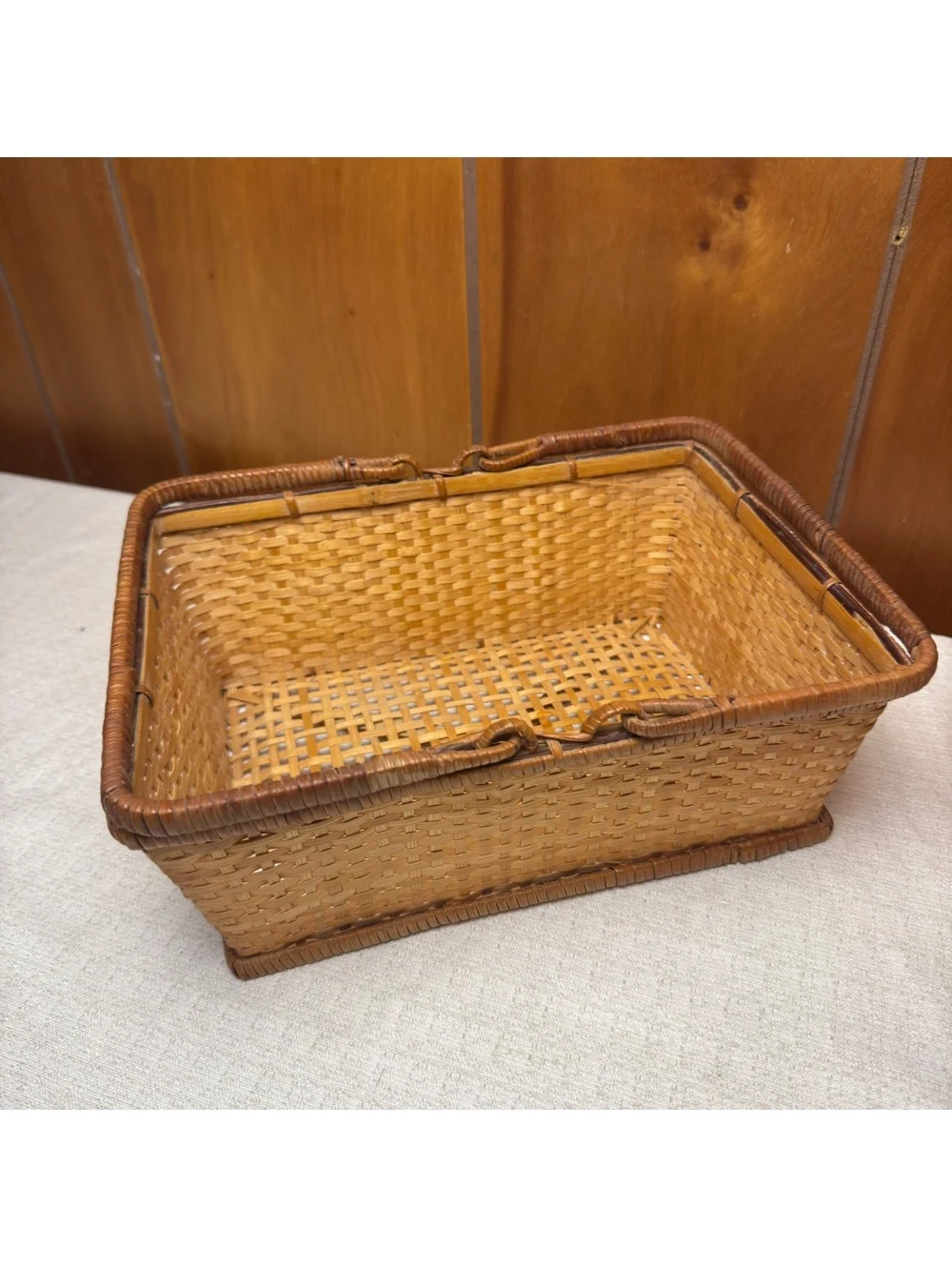 Vintage Woven Rattan Basket Rectangular Handled Storage Basket Boho Decor